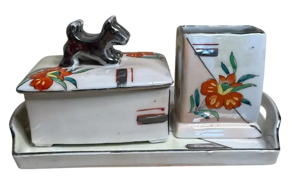 Antique Hand Painted Nippon 3 Pc Dresser Desk Set Scottie Dog Covered Box Tray